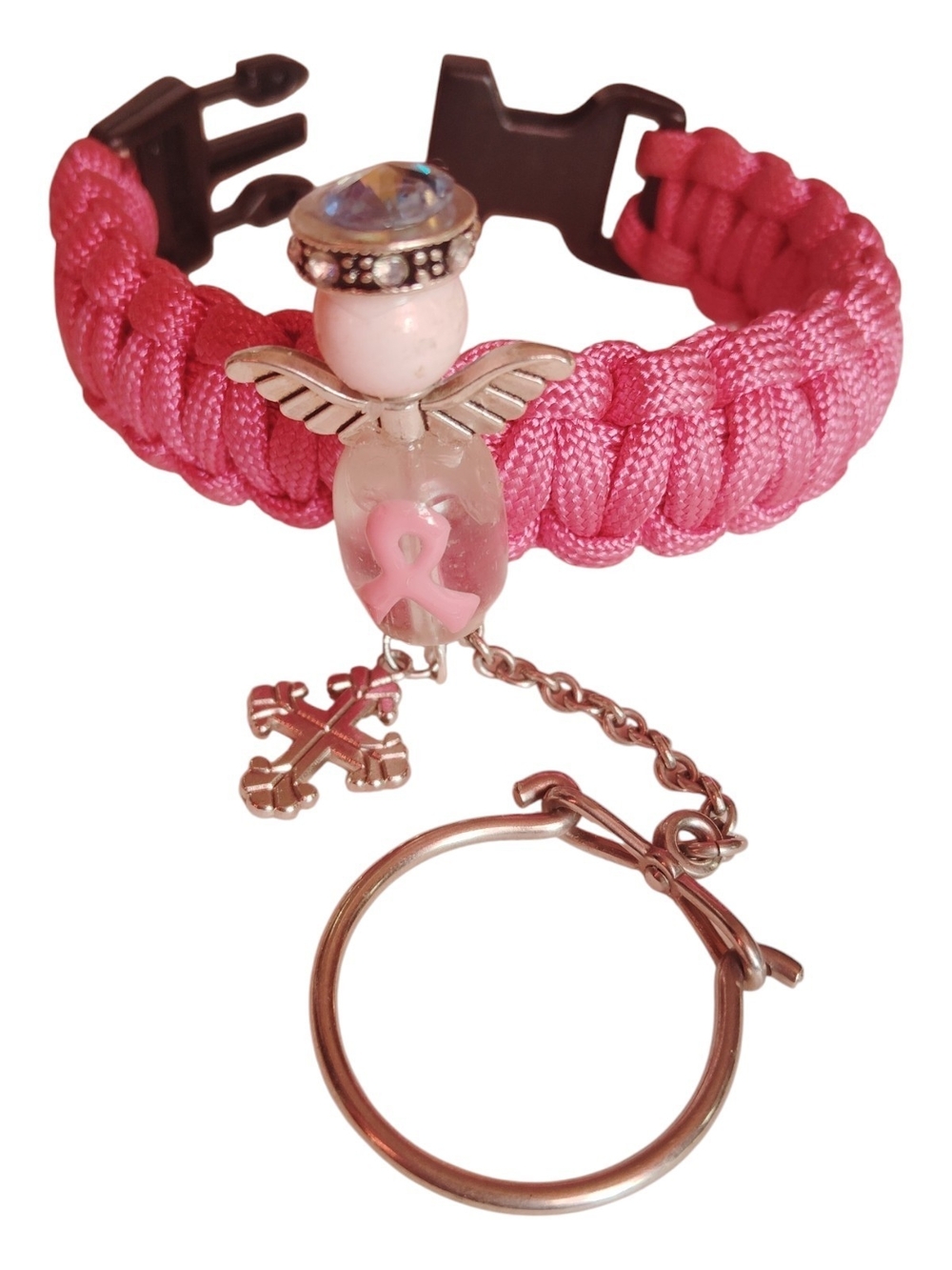Handmade Pink Angel Charm Paracord Bracelet Keychain Breast Cancer Awareness